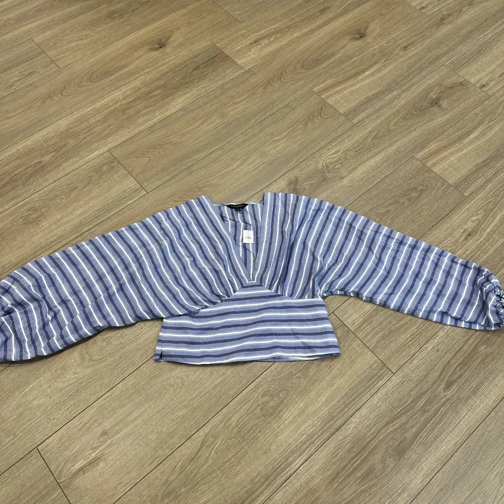 Banana Republic Womens Size 8 Blue‎ Striped Shirred Puff Sleeve Crop Blouse NWT